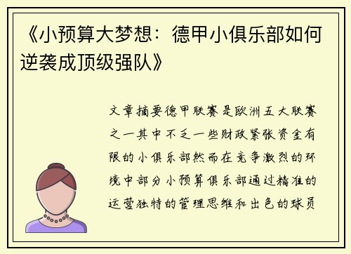 《小预算大梦想：德甲小俱乐部如何逆袭成顶级强队》
