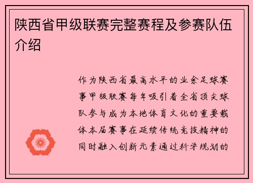 陕西省甲级联赛完整赛程及参赛队伍介绍